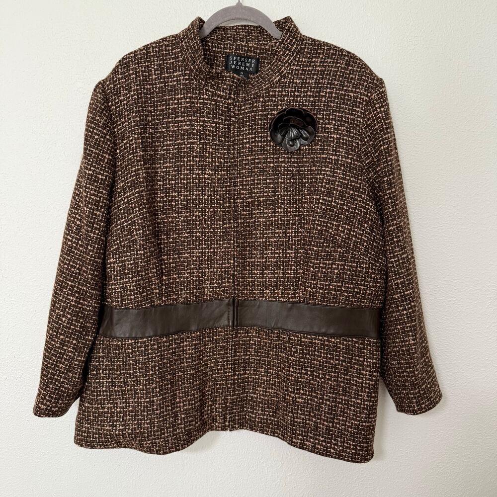 Spencer Jeremy Women's Wool Blend Tweed Leather Trim Blazer Jacket Size 2X